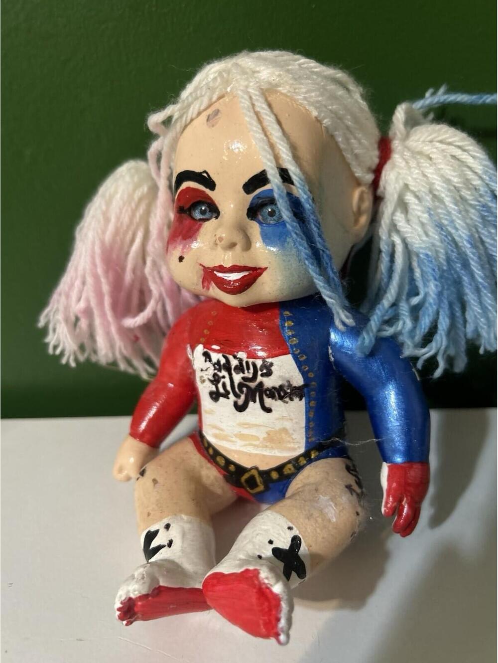 OOAK Custom Harley Quinn Baby Doll Figurine Red Blue Pigtails